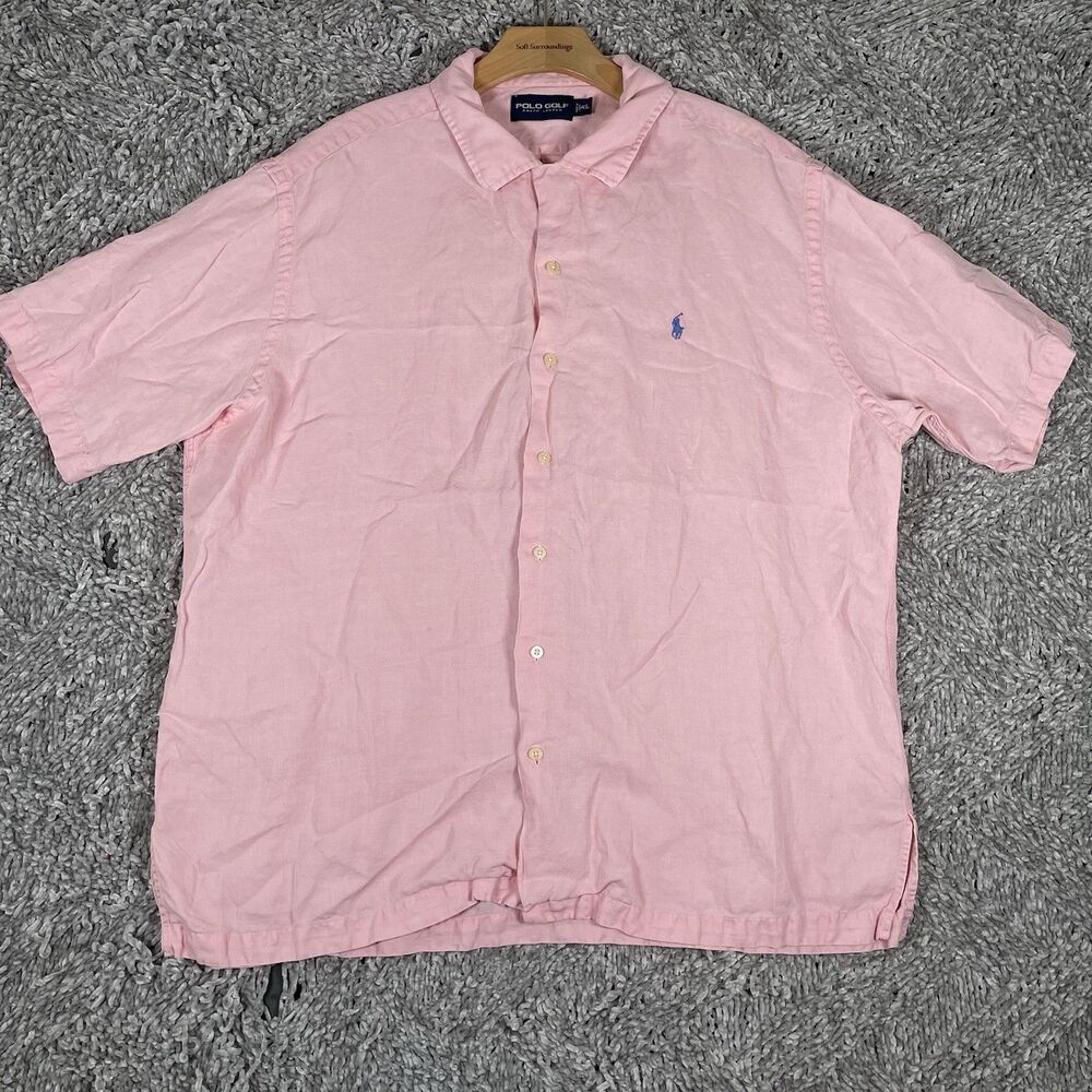 Polo Golf Linen Silk Shirt Men’s XL Short Sleeve Pink Preppy Beach Summer Design